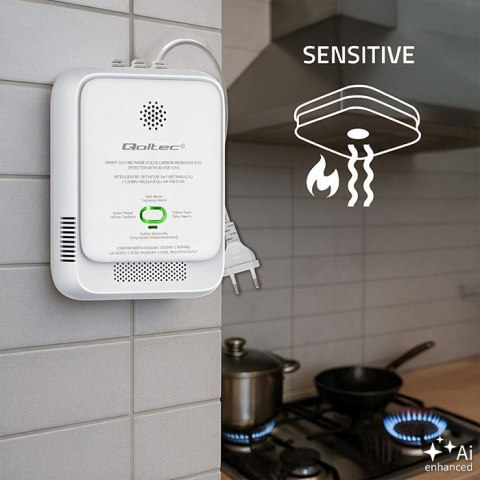 Qoltec Certyfikowany Czujnik 2w1 wycieku gazu ziemnego i tlenku węgla (czadu) | detektor CH4 | CO | NG | Tuya | Wi-Fi | alarm 85