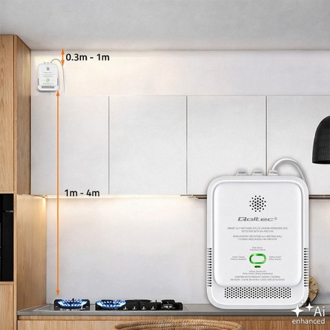 Qoltec Certyfikowany Czujnik 2w1 wycieku gazu ziemnego i tlenku węgla (czadu) | detektor CH4 | CO | NG | Tuya | Wi-Fi | alarm 85