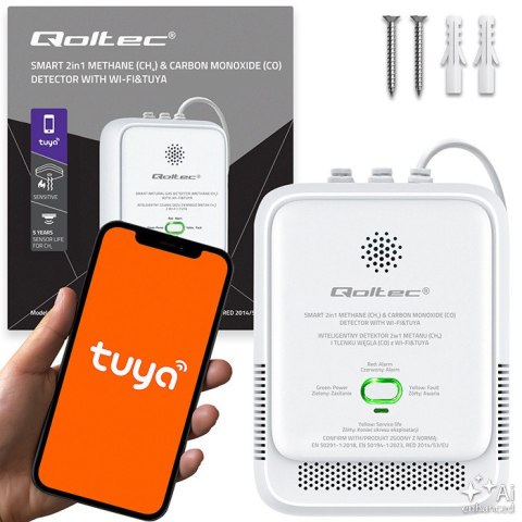 Qoltec Certyfikowany Czujnik 2w1 wycieku gazu ziemnego i tlenku węgla (czadu) | detektor CH4 | CO | NG | Tuya | Wi-Fi | alarm 85