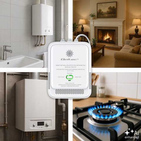 Qoltec Certyfikowany Czujnik wycieku gazu ziemnego | detektor CH4 | NG | Tuya | Wi-Fi | alarm 85dB | LED