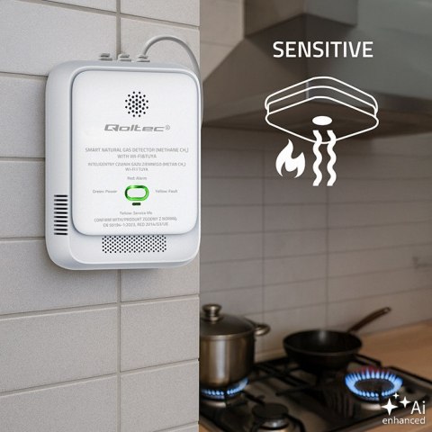 Qoltec Certyfikowany Czujnik wycieku gazu ziemnego | detektor CH4 | NG | Tuya | Wi-Fi | alarm 85dB | LED