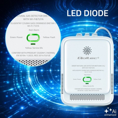Qoltec Certyfikowany Czujnik wycieku gazu ziemnego | detektor CH4 | NG | Tuya | Wi-Fi | alarm 85dB | LED