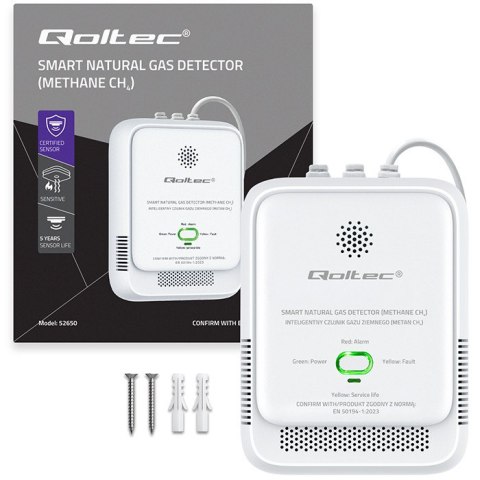 Qoltec Certyfikowany Czujnik wycieku gazu ziemnego | detektor CH4 | NG | alarm 85dB | LED
