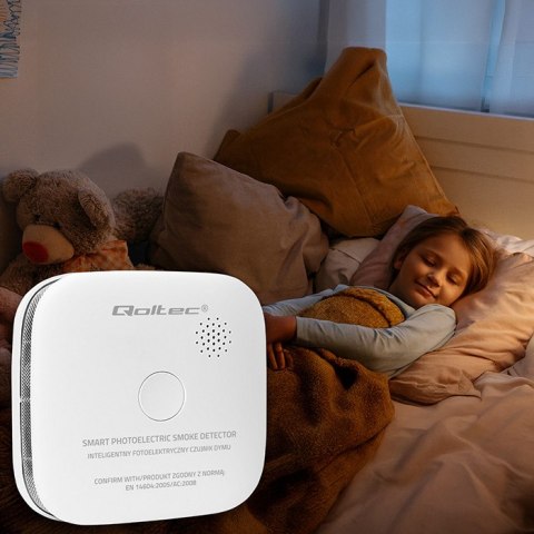 Qoltec Certyfikowany bezprzewodowy Czujnik dymu z baterią | żywotność sensora 10 lat | żywotność baterii 10 lat | alarm 85dB | L