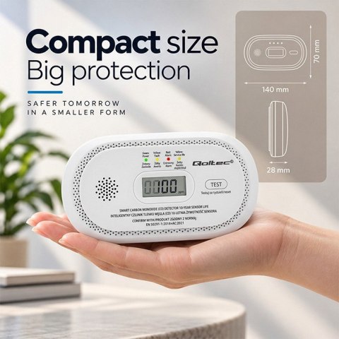 Qoltec Certyfikowany bezprzewodowy Czujnik tlenku węgla (czadu) | detektor CO | żywotność sensora 10 lat | alarm 85dB | LCD | Di
