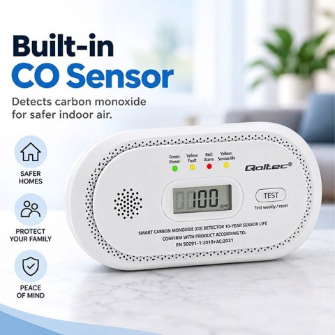 Qoltec Certyfikowany bezprzewodowy Czujnik tlenku węgla (czadu) | detektor CO | żywotność sensora 10 lat | alarm 85dB | LCD | Di