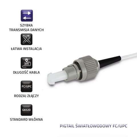Qoltec Pigtail światłowodowy FC/UPC | Singlemode | 9/125 | G652D | 3m
