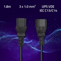 Qoltec Kabel przedłużający zasilający IEC C13/C14 | 3x1.0mm² | 1.8m