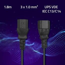 Qoltec Kabel przedłużający zasilający IEC C13/C14 | 3x1.0mm² | 1.8m