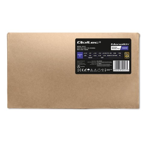 Qoltec Zasilacz ATX 1600W | 80 Plus Gold | Data mining