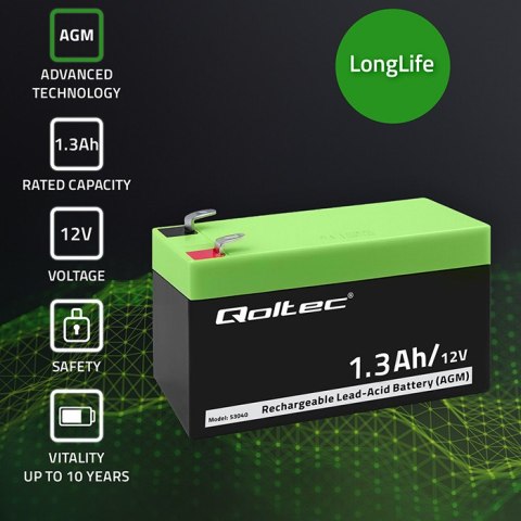 Qoltec Akumulator AGM | 12V | 1.3Ah | Bezobsługowy | Wydajny | LongLife | do UPS, wagi, kasy