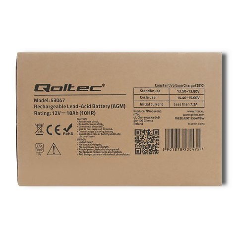 Qoltec Akumulator AGM | 12V | 18Ah | Bezobsługowy | Wydajny | LongLife | do UPS, skutera