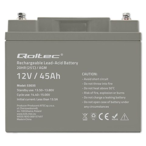 Qoltec Akumulator AGM | 12V | 45Ah | Bezobsługowy | Mocny | LongLife | do UPS, kampera, łodzi, pieca