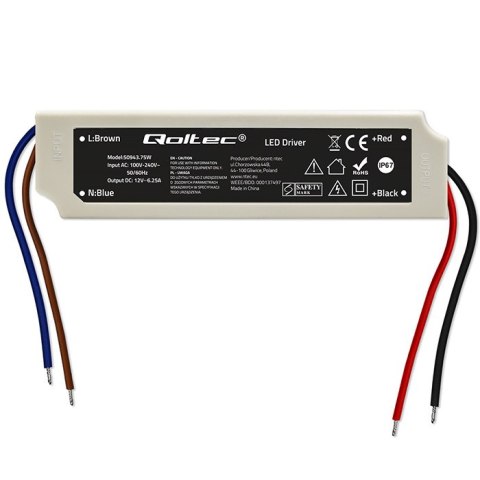 Qoltec Zasilacz impulsowy LED IP67 | 75W | 12V | 6.25A | Wodoodporny | Biały
