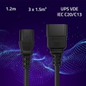 Qoltec Kabel przedłużający zasilający IEC C20/C13 | 3x1.5mm² | 1.2m