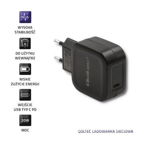 Qoltec Ładowarka sieciowa 20W | 5-12V | 1.67-3A | USB typ C | PD | Czarna