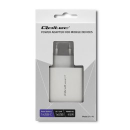 Qoltec Ładowarka sieciowa 45W | 5-20V | 2.4-3A | USB typ C PD | USB 3.0 | Biała