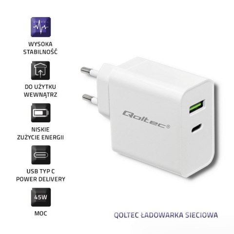 Qoltec Ładowarka sieciowa 45W | 5-20V | 2.4-3A | USB typ C PD | USB 3.0 | Biała