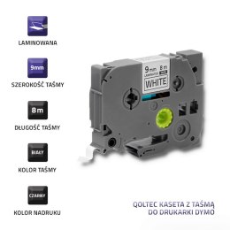 Qoltec Taśma do BROTHER TZe-221 | 9mm x 8m | Biała/ Czarny nadruk