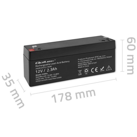 Qoltec Akumulator AGM | 12V | 2.3Ah | Bezobsługowy | Wydajny | LongLife | do UPS, wagi, kasy