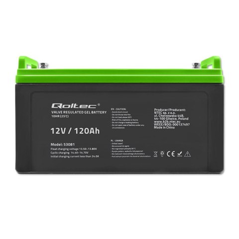 Qoltec Akumulator żelowy GEL | 12V | 120Ah | 34.8kg | Bezobsługowy | Professional | LongLife | PV, UPS, kamper, łódź