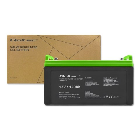 Qoltec Akumulator żelowy GEL | 12V | 120Ah | 34.8kg | Bezobsługowy | Professional | LongLife | PV, UPS, kamper, łódź