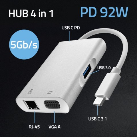 Qoltec Hub Adapter USB-C 3.1 4w1 | USB 3.0 | VGA | RJ45 | USB-C PD 92W