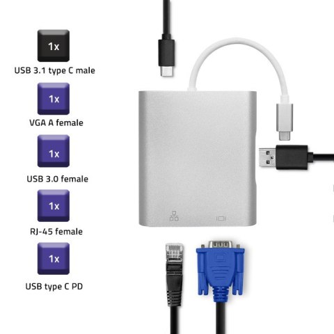 Qoltec Hub Adapter USB-C 3.1 4w1 | USB 3.0 | VGA | RJ45 | USB-C PD 92W