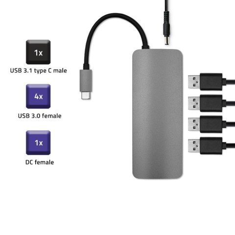 Qoltec Hub Adapter USB-C 3.1 5w1 | 4x USB 3.0 | DC