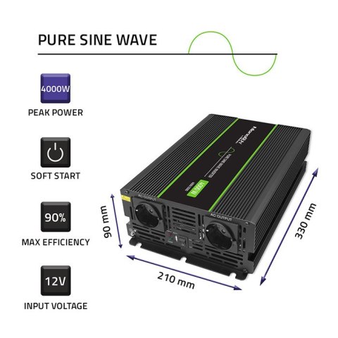 Qoltec Przetwornica napięcia Monolith | 2000W | 4000W | 12V na 230V | Czysty Sinus