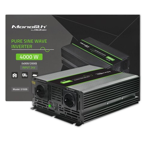 Qoltec Przetwornica napięcia Monolith | 2000W | 4000W | 24V na 230V | Czysty Sinus