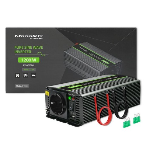 Qoltec Przetwornica napięcia Monolith | 600W | 1200W | 12V na 230V | Czysty Sinus
