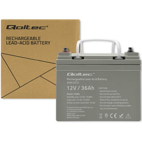 Qoltec Akumulator AGM | 12V | 36Ah | Bezobsługowy | Wydajny | LongLife | do UPS, skutera