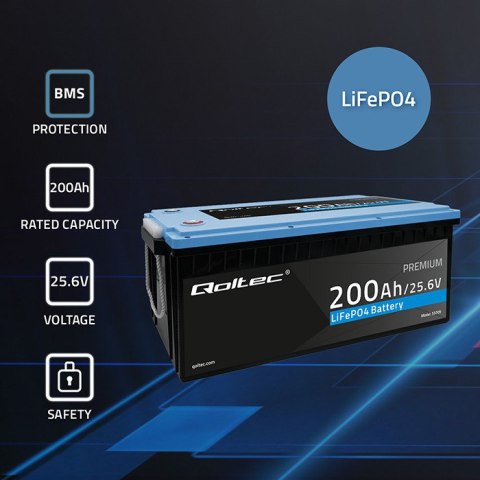 Qoltec Akumulator LiFePO4 Litowo-Żelazowo-Fosforanowy | 25.6V | 200Ah | BMS