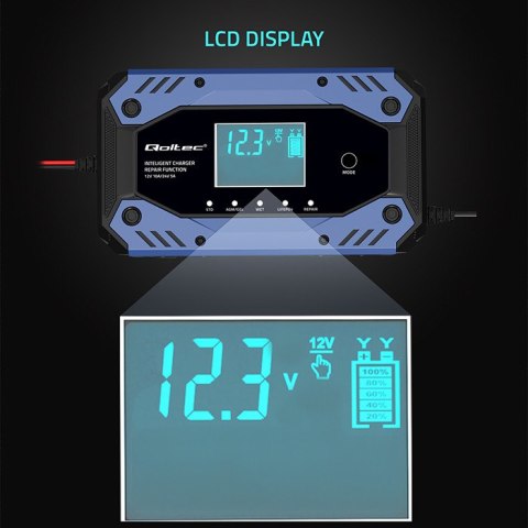 Qoltec Inteligentna ładowarka do akumulatora STD AGM GEL LiFePO4 | Prostownik z funkcją naprawy |12-24V |10A | LCD | 9 - stopnio