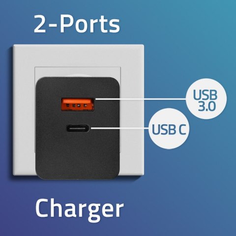 Qoltec Ładowarka GaN POWER PRO | 1xUSB-C | 1xUSB | 100W | 5-20V | 1.5-5A | PD | Laptop | Smartfon | Czarna