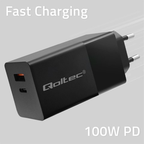 Qoltec Ładowarka GaN POWER PRO | 1xUSB-C | 1xUSB | 100W | 5-20V | 1.5-5A | PD | Laptop | Smartfon | Czarna