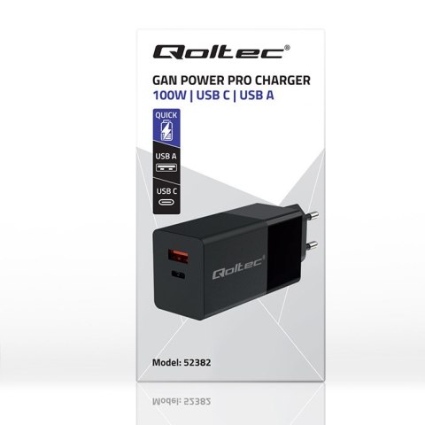 Qoltec Ładowarka GaN POWER PRO | 1xUSB-C | 1xUSB | 100W | 5-20V | 1.5-5A | PD | Laptop | Smartfon | Czarna