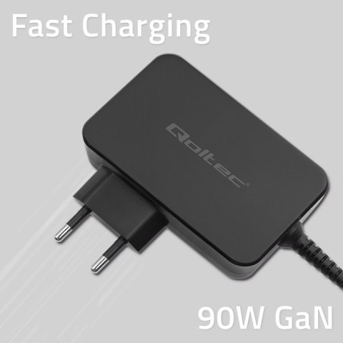 Qoltec Ładowarka GaN POWER PRO | 1xUSB-C | 90W | 5-20V | 3-4.5A | Laptop | Smartfon | Czarna