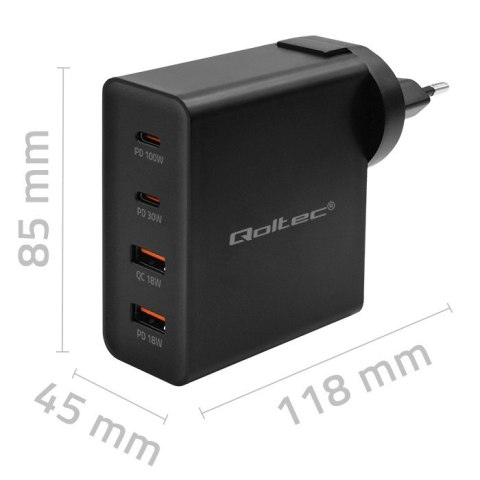 Qoltec Ładowarka GaN POWER PRO | 2xUSB-C | 2xUSB | 130W | 5-20V | 1.5-5A | PD | Laptop | Smartfon | Czarna