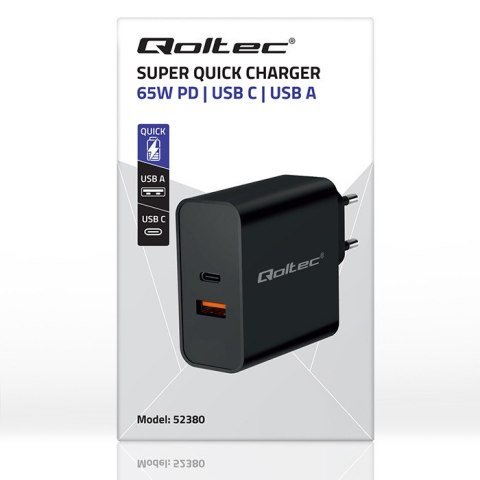 Qoltec Ładowarka Super Quick PD |1xUSB-C | 1xUSB | 65W | 5-20V | 1.5-3.25A | Laptop | Smartfon | Czarna