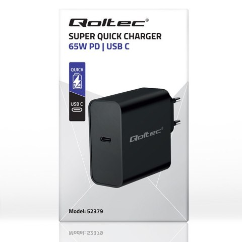 Qoltec Ładowarka Super Quick PD | 1xUSB-C | 65W | 5-20V | 3-3.25A | Laptop | Smartfon | Czarna