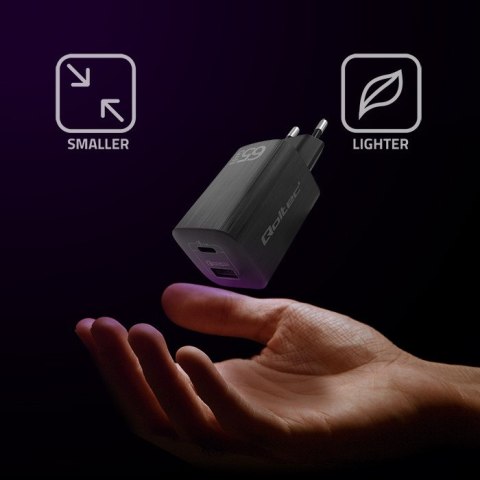 Qoltec Ładowarka sieciowa 65W GaN ULTRA | 5-20V | 2.25-3.25A | 1 x USB typ C PD | 1 x USB QC 3.0 | Laptop | Smartfon | Czarna