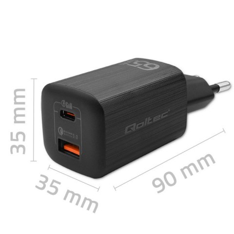 Qoltec Ładowarka sieciowa 65W GaN ULTRA | 5-20V | 2.25-3.25A | 1 x USB typ C PD | 1 x USB QC 3.0 | Laptop | Smartfon | Czarna