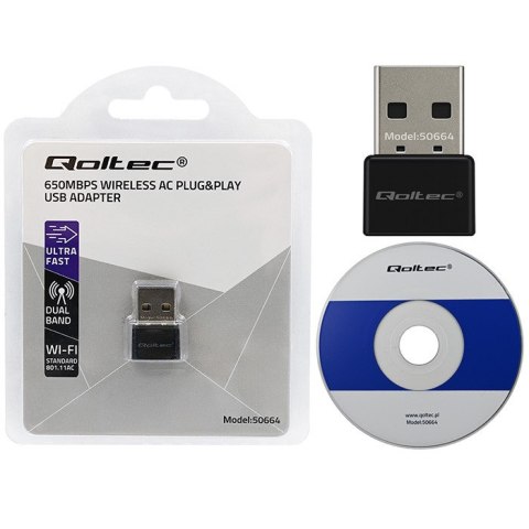 Qoltec Ultraszybki bezprzewodowy Mini Adapter USB Wi-Fi | standard AC | 650Mbps