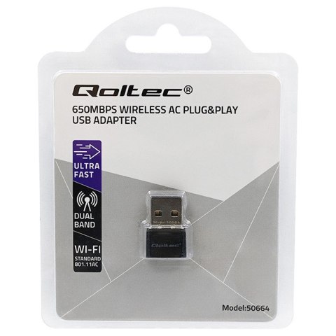 Qoltec Ultraszybki bezprzewodowy Mini Adapter USB Wi-Fi | standard AC | 650Mbps