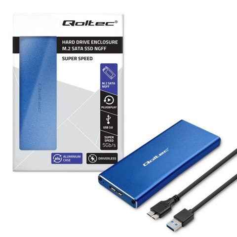 Qoltec Aluminiowa Obudowa | Kieszeń na dysk M.2 SSD | SATA | NGFF | USB 3.0 | Super speed 5Gb/s | 2TB | Niebieski