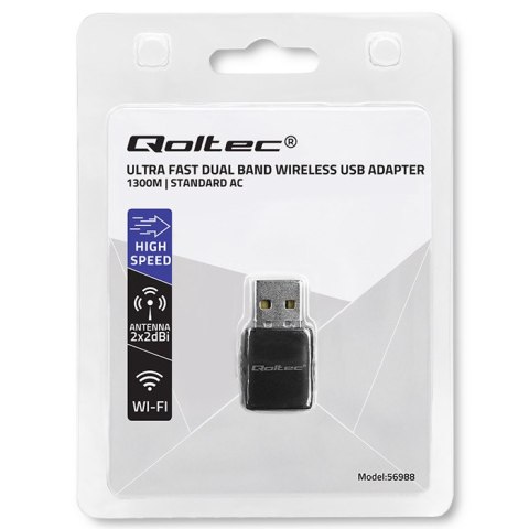 Qoltec Bezprzewodowy Ultra szybki DUAL mini WiFi adapter 2 x 2dBi | Standard AC | USB 3.0 | 1300Mbps