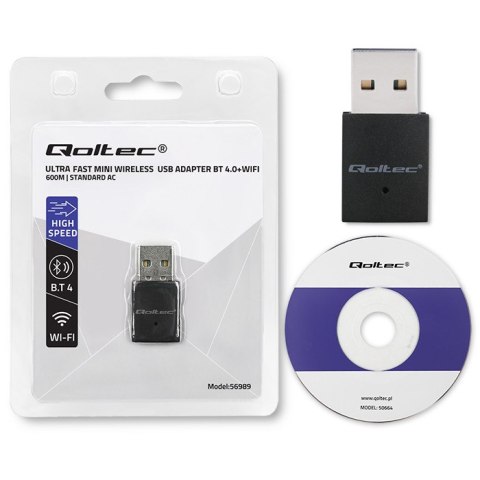 Qoltec Bezprzewodowy Ultra szybki mini adapter WiFi | Standard AC | BT 4.0 | USB 2.0 | 600Mbps