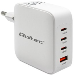 Qoltec Ładowarka sieciowa 140W GaN | 5-20V | 2.5-5A | 3 x USB-C PD | 1 x USB QC 3.0 | Laptop | Smartfon | Biała